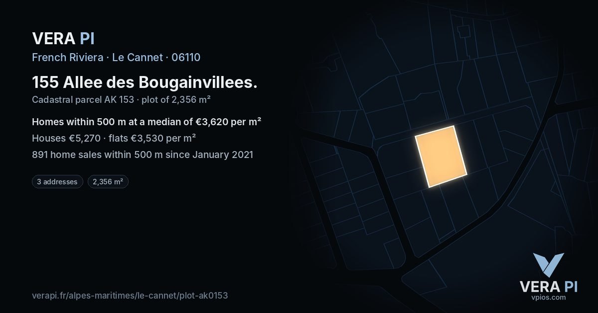 155 Allee des Bougainvillees, Le Cannet at night – the plot lit, the parcels around coloured by the prices near them