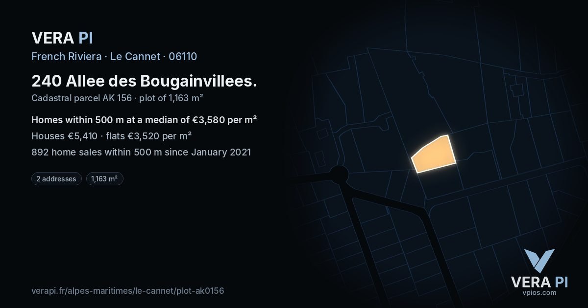 240 Allee des Bougainvillees, Le Cannet at night – the plot lit, the parcels around coloured by the prices near them
