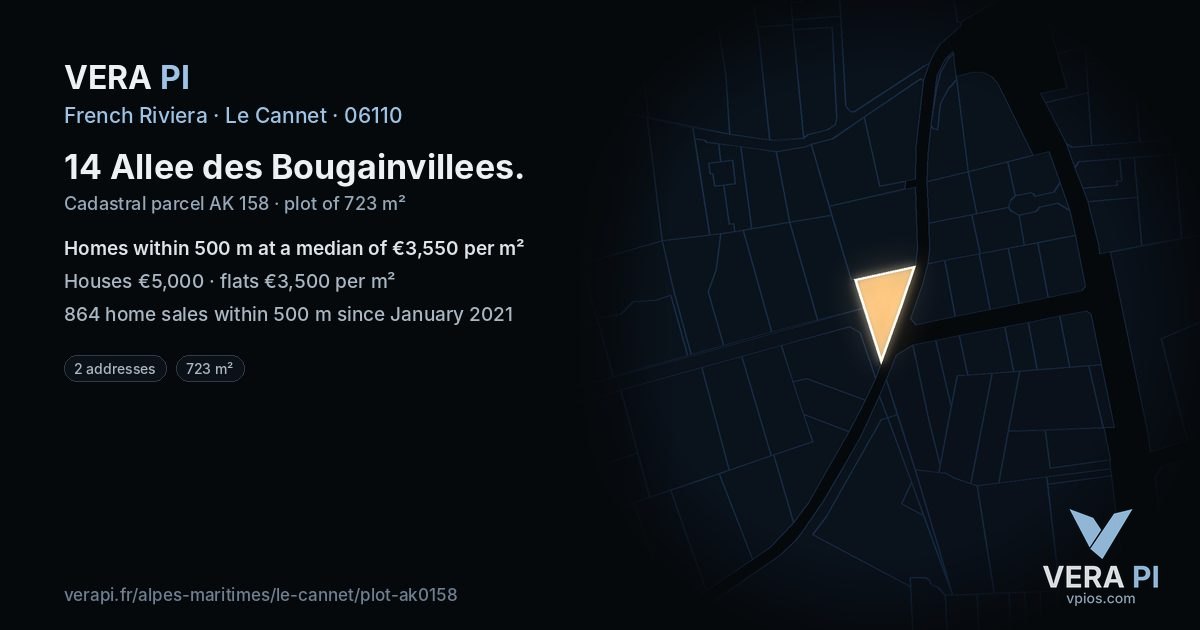 14 Allee des Bougainvillees, Le Cannet at night – the plot lit, the parcels around coloured by the prices near them