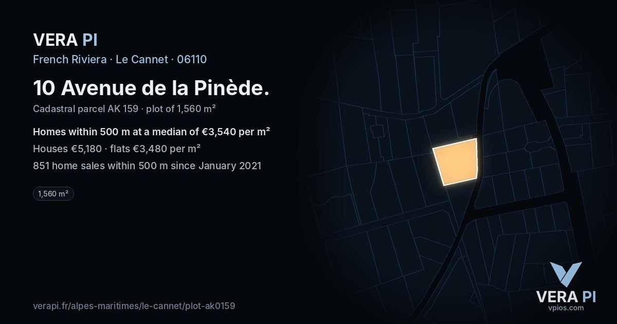 10 Avenue de la Pinède, Le Cannet at night – the plot lit, the parcels around coloured by the prices near them