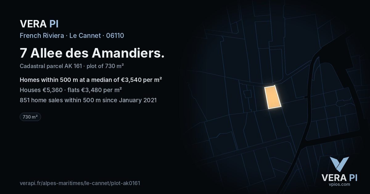 7 Allee des Amandiers, Le Cannet at night – the plot lit, the parcels around coloured by the prices near them