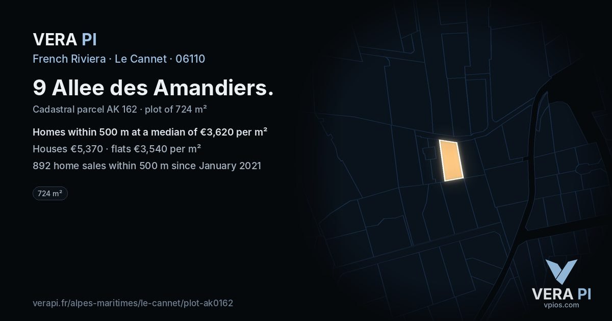 9 Allee des Amandiers, Le Cannet at night – the plot lit, the parcels around coloured by the prices near them