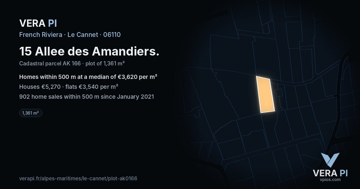 15 Allee des Amandiers, Le Cannet at night – the plot lit, the parcels around coloured by the prices near them