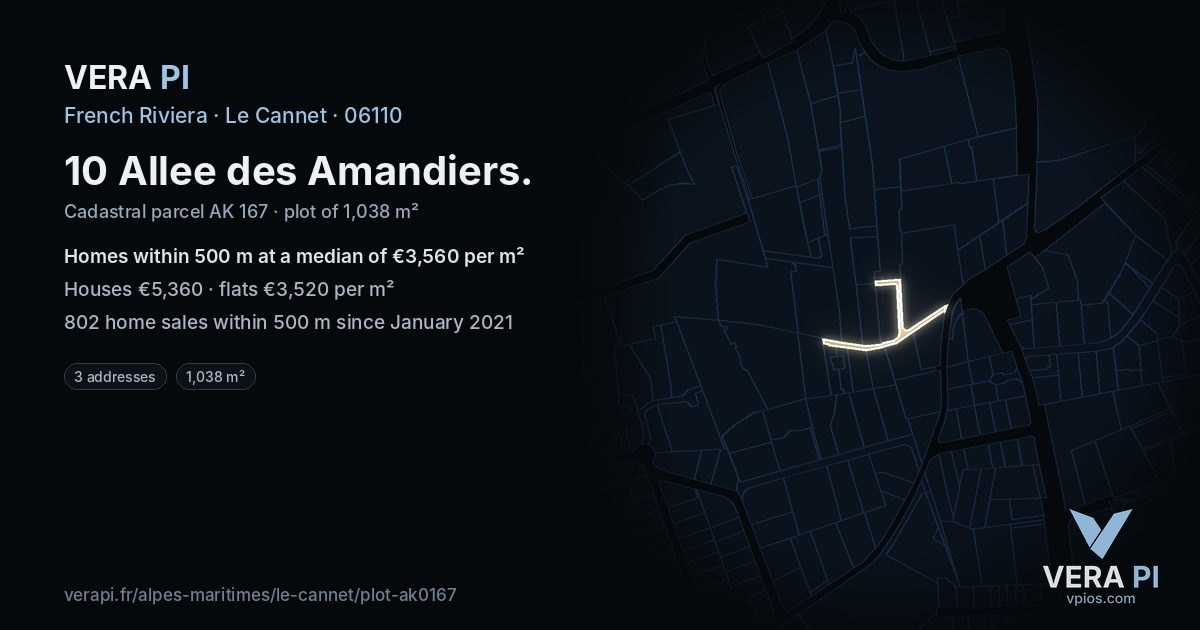 10 Allee des Amandiers, Le Cannet at night – the plot lit, the parcels around coloured by the prices near them