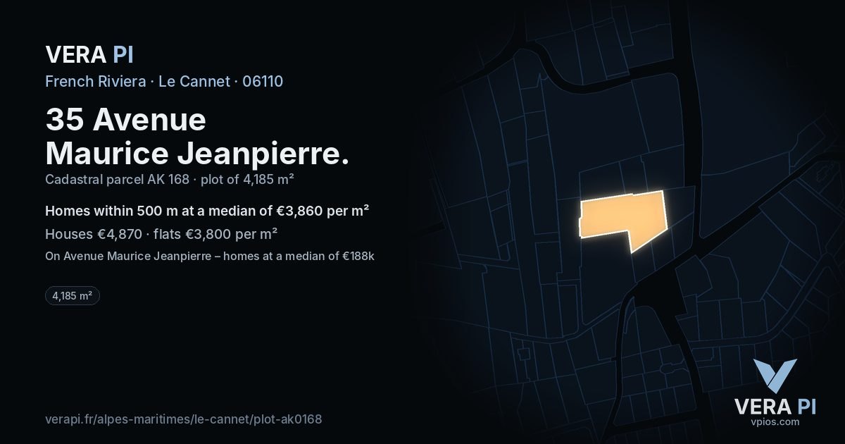 35 Avenue Maurice Jeanpierre, Le Cannet at night – the plot lit, the parcels around coloured by the prices near them