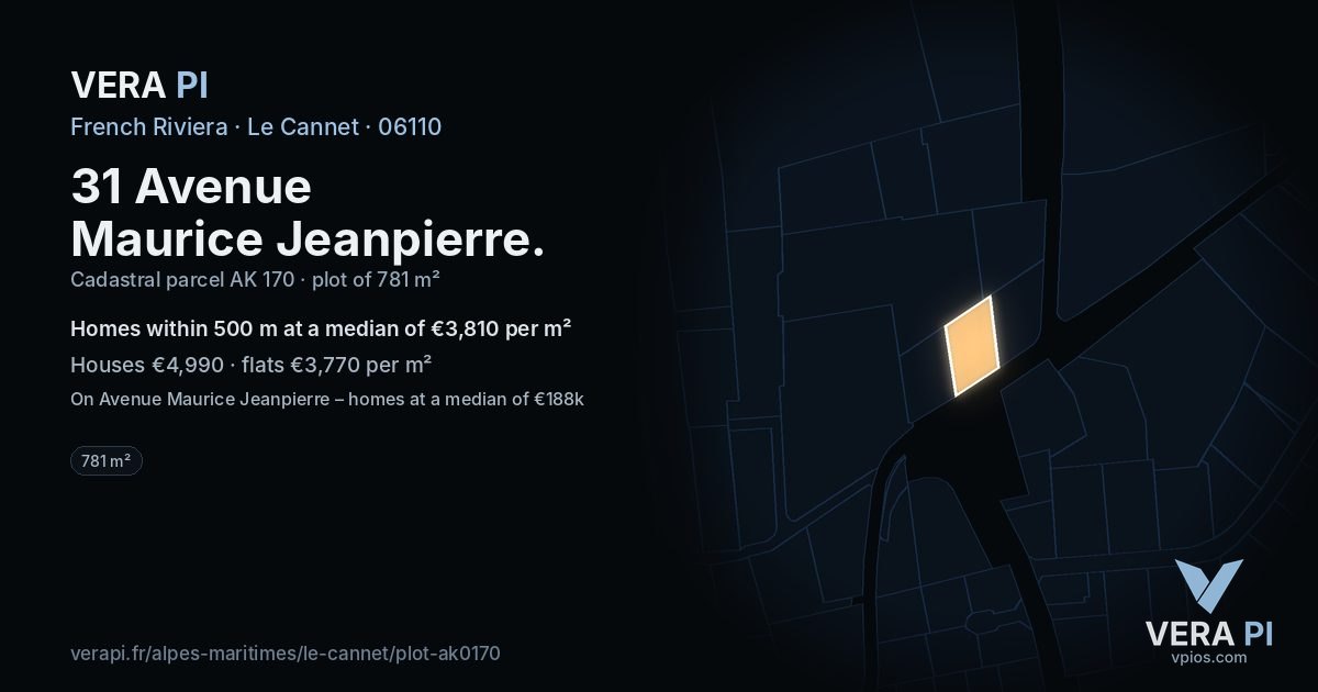 31 Avenue Maurice Jeanpierre, Le Cannet at night – the plot lit, the parcels around coloured by the prices near them