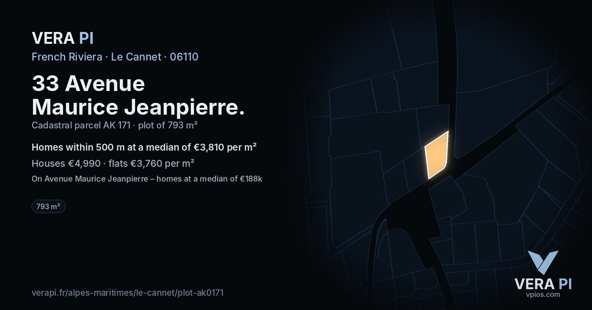 33 Avenue Maurice Jeanpierre, Le Cannet at night – the plot lit, the parcels around coloured by the prices near them