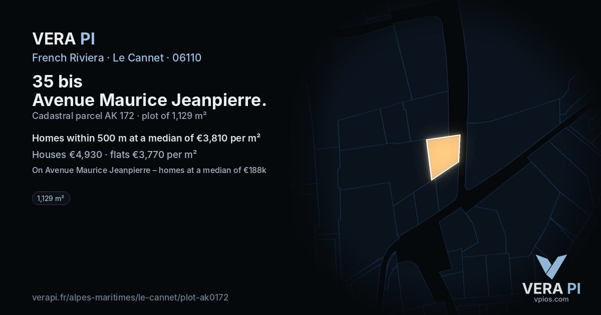 35 bis Avenue Maurice Jeanpierre, Le Cannet at night – the plot lit, the parcels around coloured by the prices near them