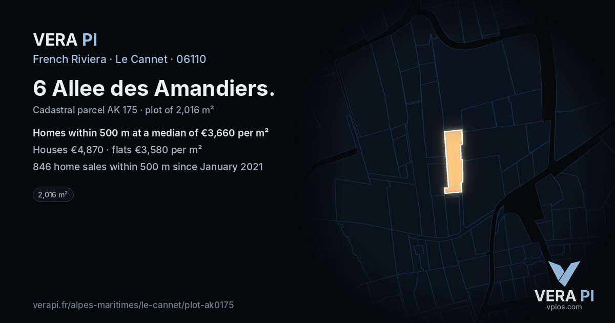 6 Allee des Amandiers, Le Cannet at night – the plot lit, the parcels around coloured by the prices near them
