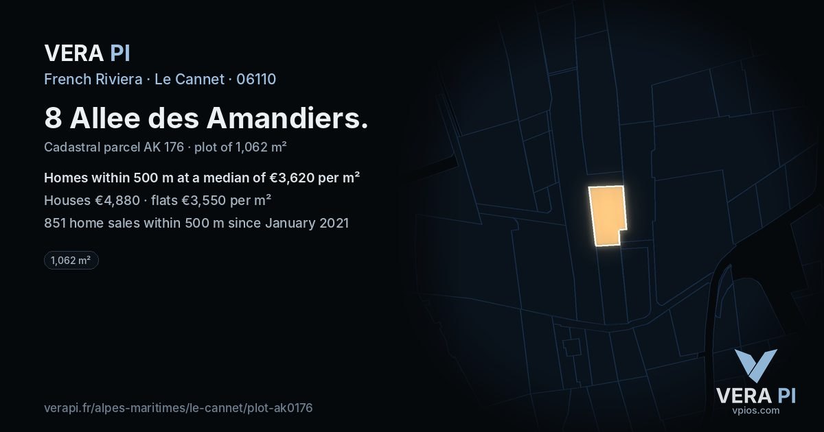 8 Allee des Amandiers, Le Cannet at night – the plot lit, the parcels around coloured by the prices near them