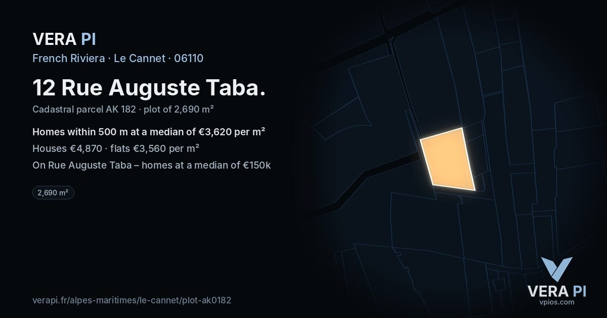 12 Rue Auguste Taba, Le Cannet at night – the plot lit, the parcels around coloured by the prices near them