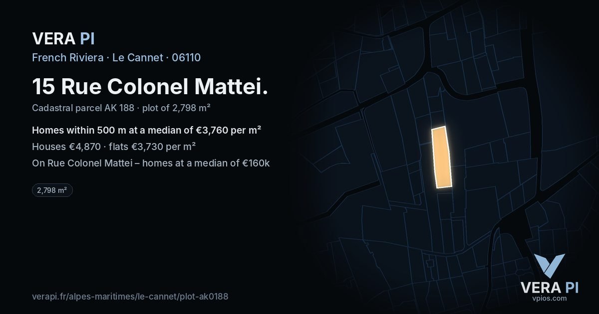15 Rue Colonel Mattei, Le Cannet at night – the plot lit, the parcels around coloured by the prices near them