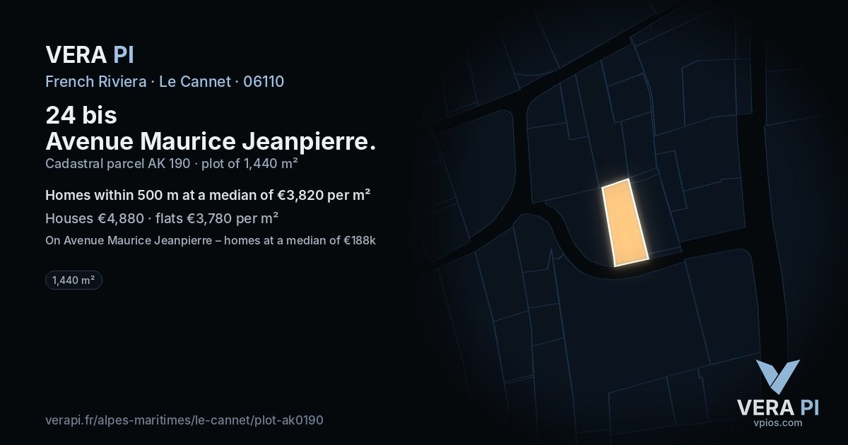 24 bis Avenue Maurice Jeanpierre, Le Cannet at night – the plot lit, the parcels around coloured by the prices near them