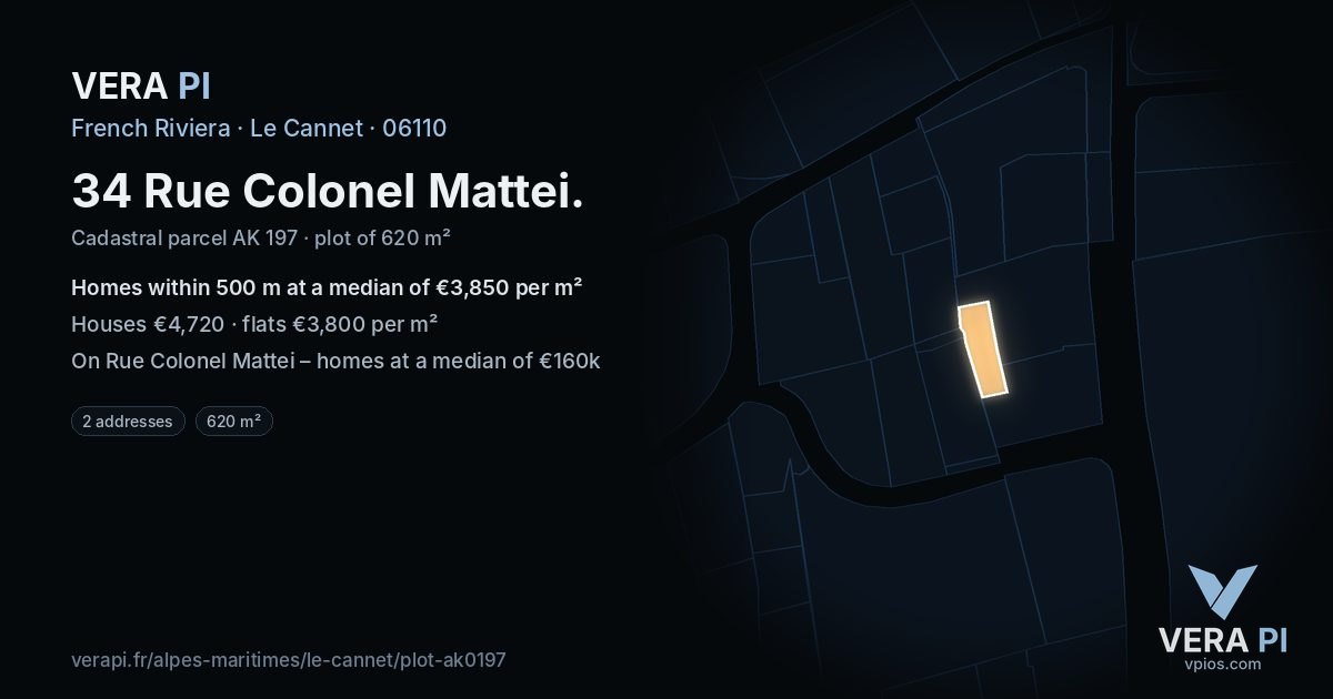 34 Rue Colonel Mattei, Le Cannet at night – the plot lit, the parcels around coloured by the prices near them