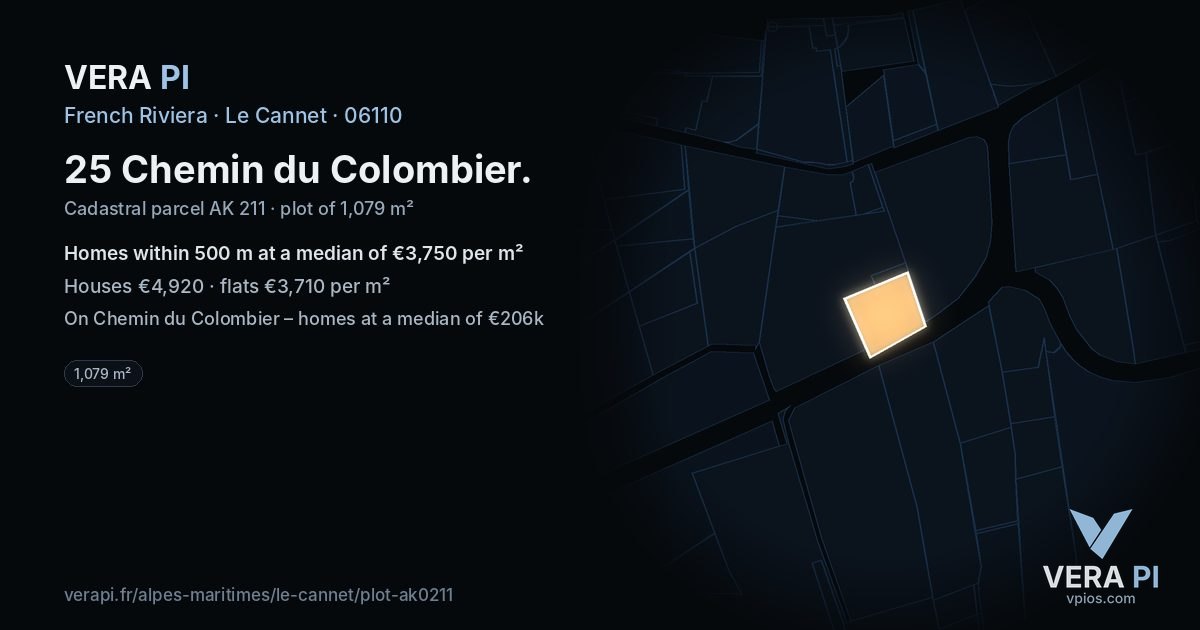 25 Chemin du Colombier, Le Cannet at night – the plot lit, the parcels around coloured by the prices near them