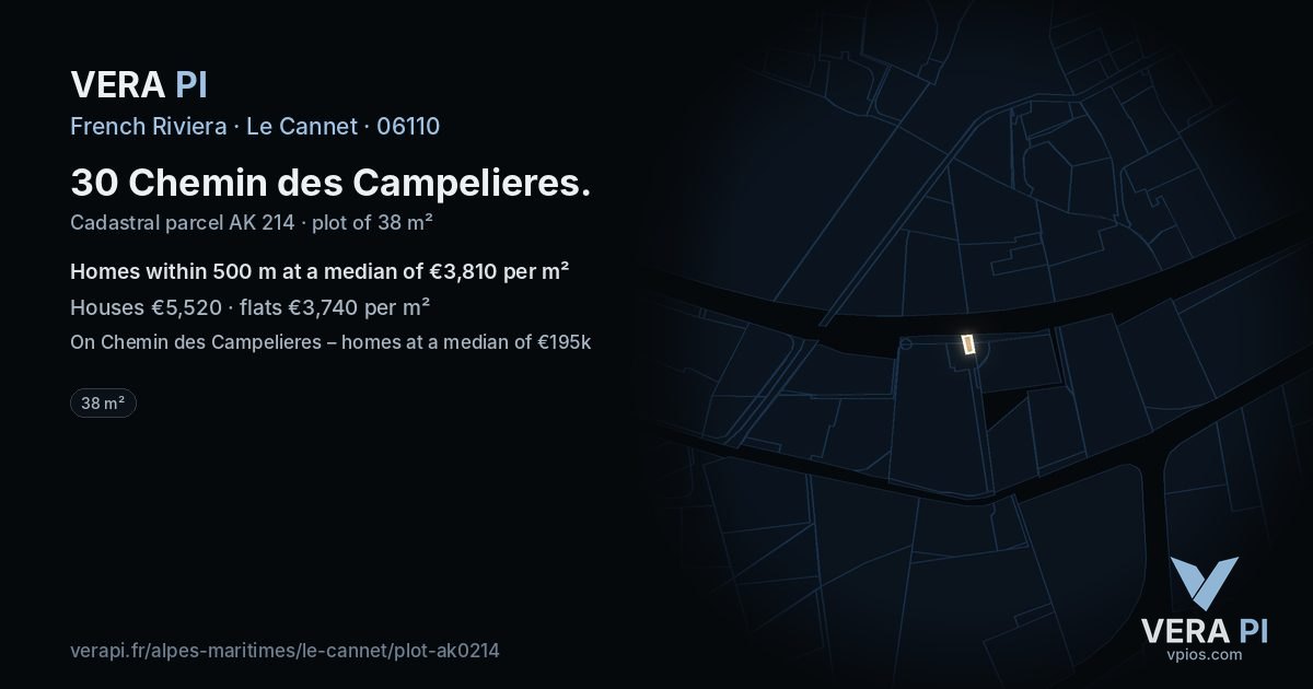 30 Chemin des Campelieres, Le Cannet at night – the plot lit, the parcels around coloured by the prices near them