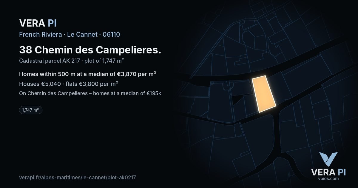 38 Chemin des Campelieres, Le Cannet at night – the plot lit, the parcels around coloured by the prices near them