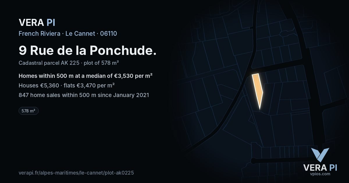 9 Rue de la Ponchude, Le Cannet at night – the plot lit, the parcels around coloured by the prices near them