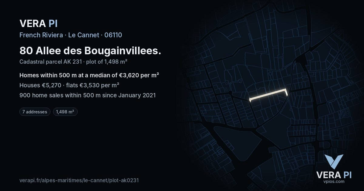 80 Allee des Bougainvillees, Le Cannet at night – the plot lit, the parcels around coloured by the prices near them