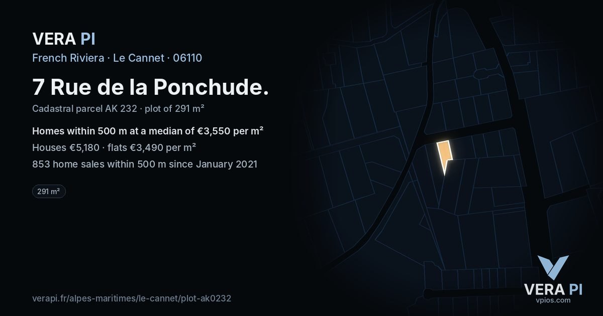 7 Rue de la Ponchude, Le Cannet at night – the plot lit, the parcels around coloured by the prices near them