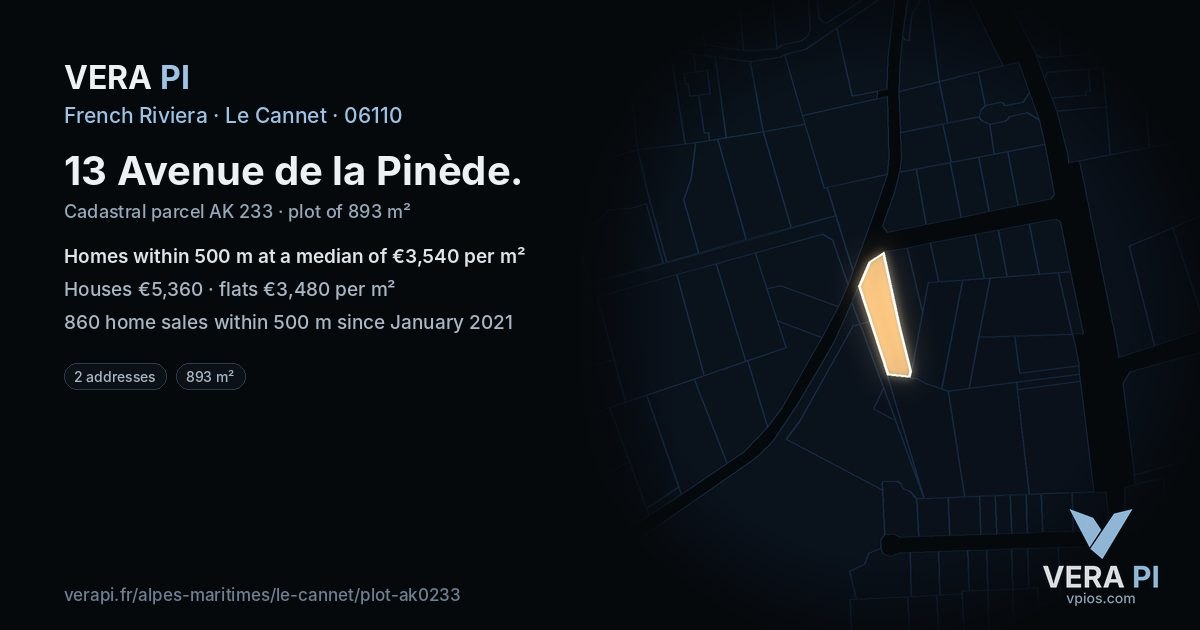 13 Avenue de la Pinède, Le Cannet at night – the plot lit, the parcels around coloured by the prices near them