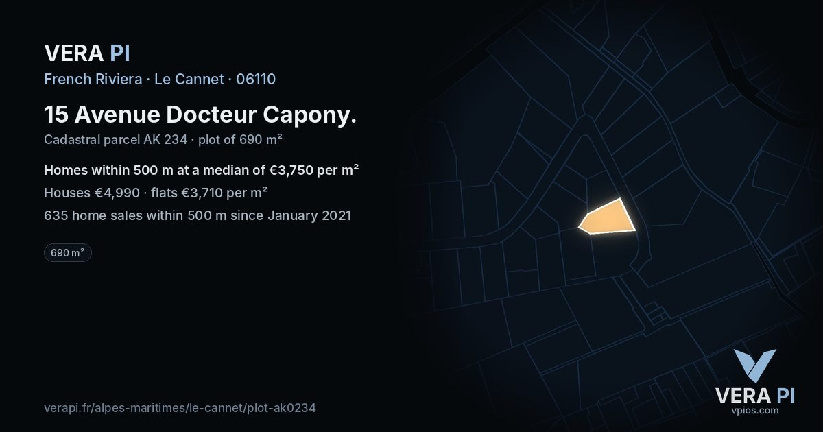 15 Avenue Docteur Capony, Le Cannet at night – the plot lit, the parcels around coloured by the prices near them
