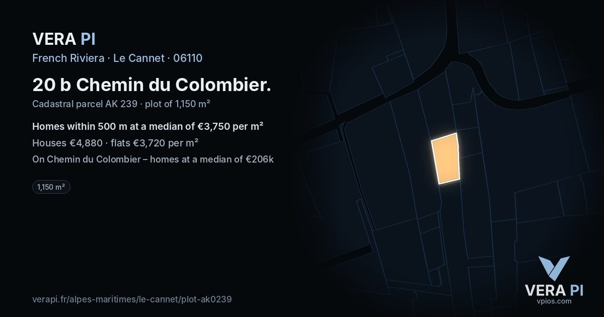 20 b Chemin du Colombier, Le Cannet at night – the plot lit, the parcels around coloured by the prices near them