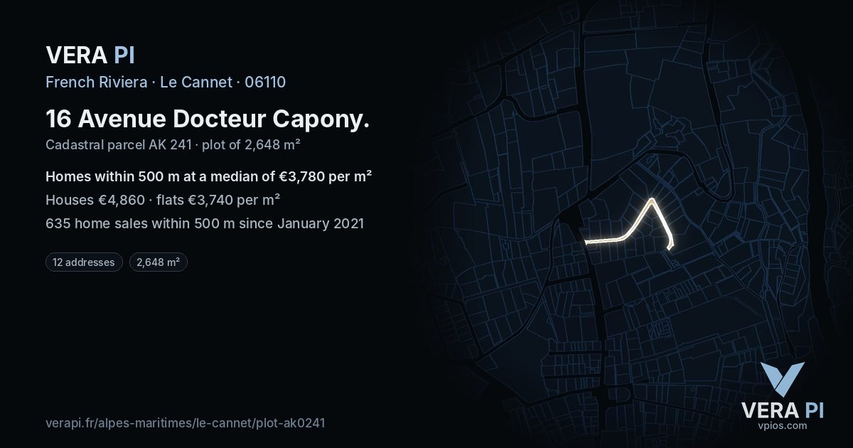 16 Avenue Docteur Capony, Le Cannet at night – the plot lit, the parcels around coloured by the prices near them