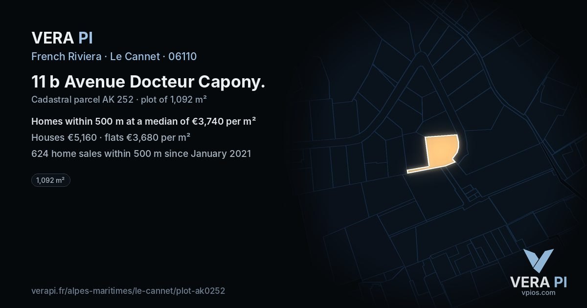 11 b Avenue Docteur Capony, Le Cannet at night – the plot lit, the parcels around coloured by the prices near them