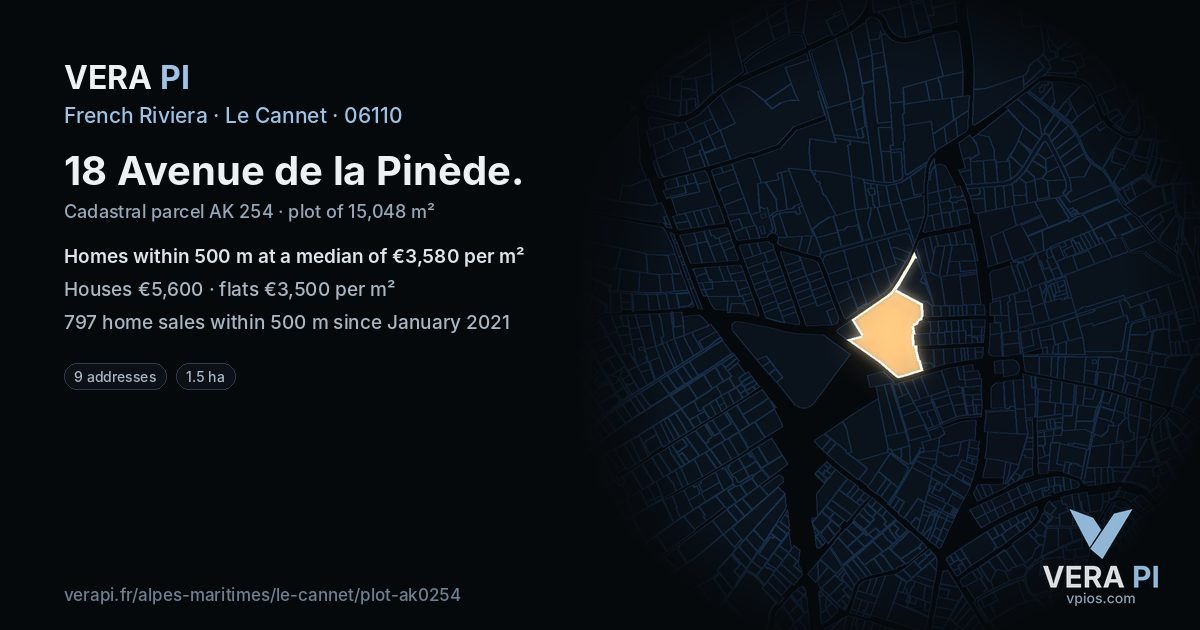 18 Avenue de la Pinède, Le Cannet at night – the plot lit, the parcels around coloured by the prices near them