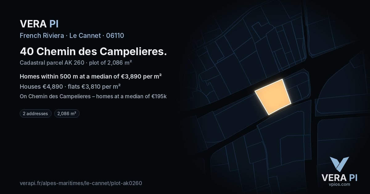 40 Chemin des Campelieres, Le Cannet at night – the plot lit, the parcels around coloured by the prices near them