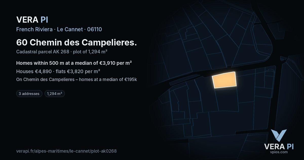 60 Chemin des Campelieres, Le Cannet at night – the plot lit, the parcels around coloured by the prices near them