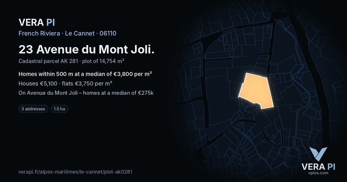 23 Avenue du Mont Joli, Le Cannet at night – the plot lit, the parcels around coloured by the prices near them