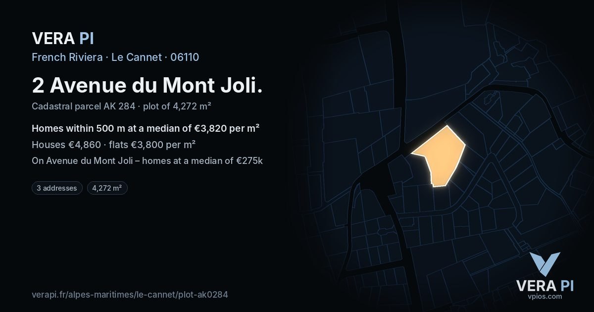2 Avenue du Mont Joli, Le Cannet at night – the plot lit, the parcels around coloured by the prices near them