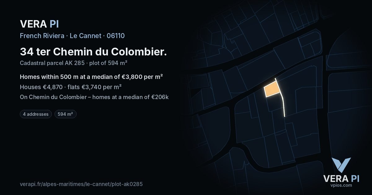 34 ter Chemin du Colombier, Le Cannet at night – the plot lit, the parcels around coloured by the prices near them