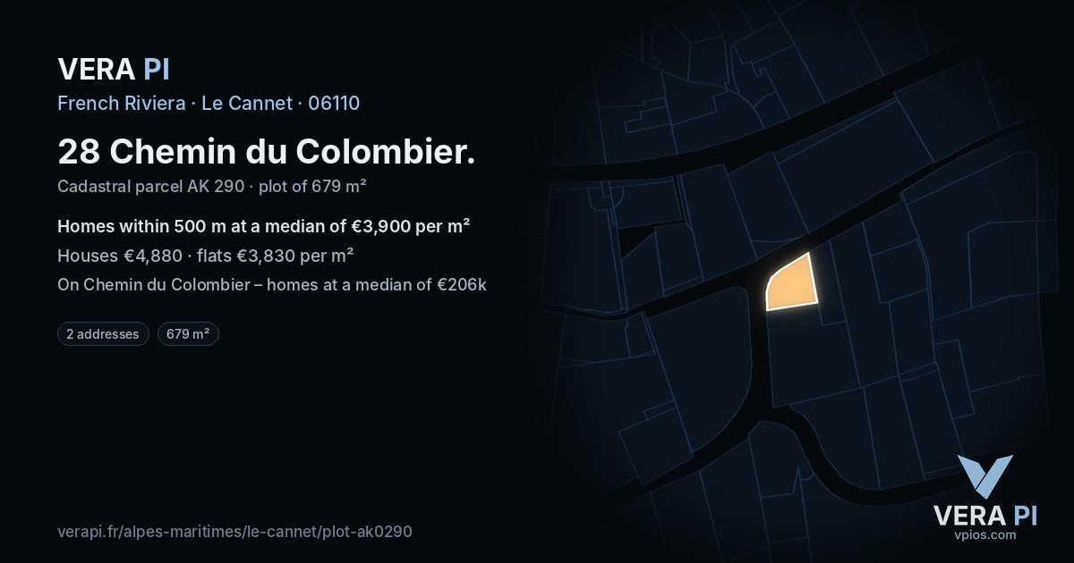 28 Chemin du Colombier, Le Cannet at night – the plot lit, the parcels around coloured by the prices near them