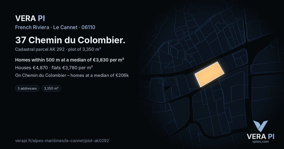 37 Chemin du Colombier, Le Cannet at night – the plot lit, the parcels around coloured by the prices near them