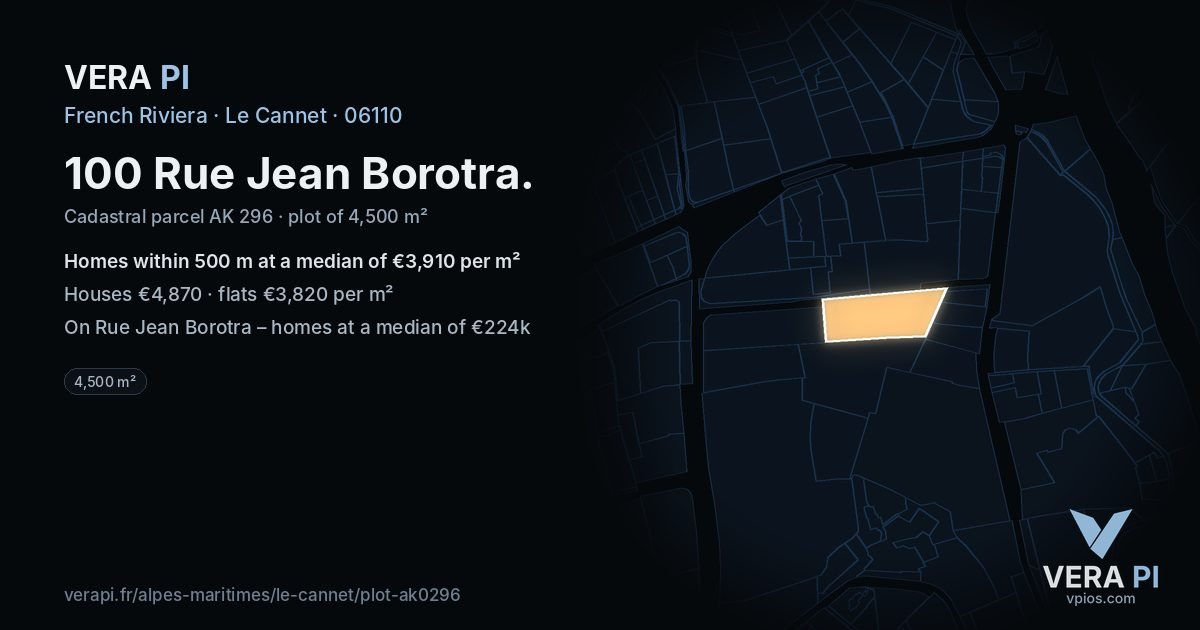100 Rue Jean Borotra, Le Cannet at night – the plot lit, the parcels around coloured by the prices near them