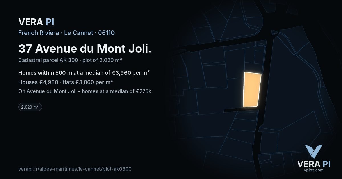 37 Avenue du Mont Joli, Le Cannet at night – the plot lit, the parcels around coloured by the prices near them