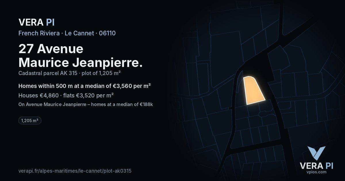 27 Avenue Maurice Jeanpierre, Le Cannet at night – the plot lit, the parcels around coloured by the prices near them
