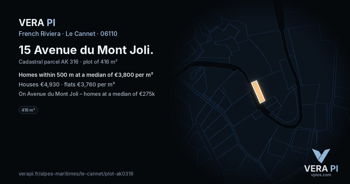 15 Avenue du Mont Joli, Le Cannet at night – the plot lit, the parcels around coloured by the prices near them