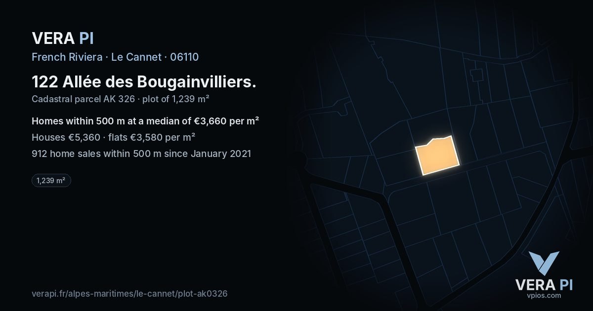 122 Allée des Bougainvilliers, Le Cannet at night – the plot lit, the parcels around coloured by the prices near them