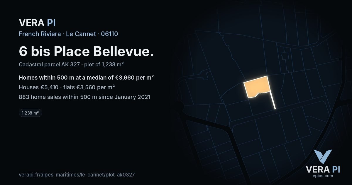 6 bis Place Bellevue, Le Cannet at night – the plot lit, the parcels around coloured by the prices near them