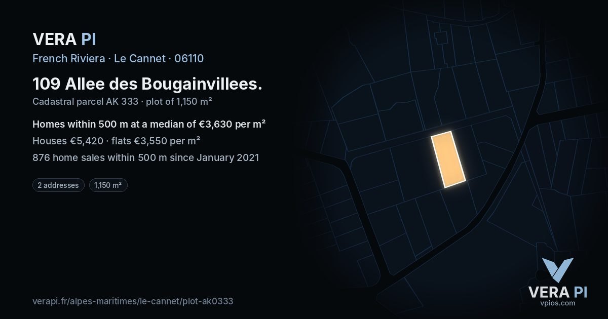 109 Allee des Bougainvillees, Le Cannet at night – the plot lit, the parcels around coloured by the prices near them