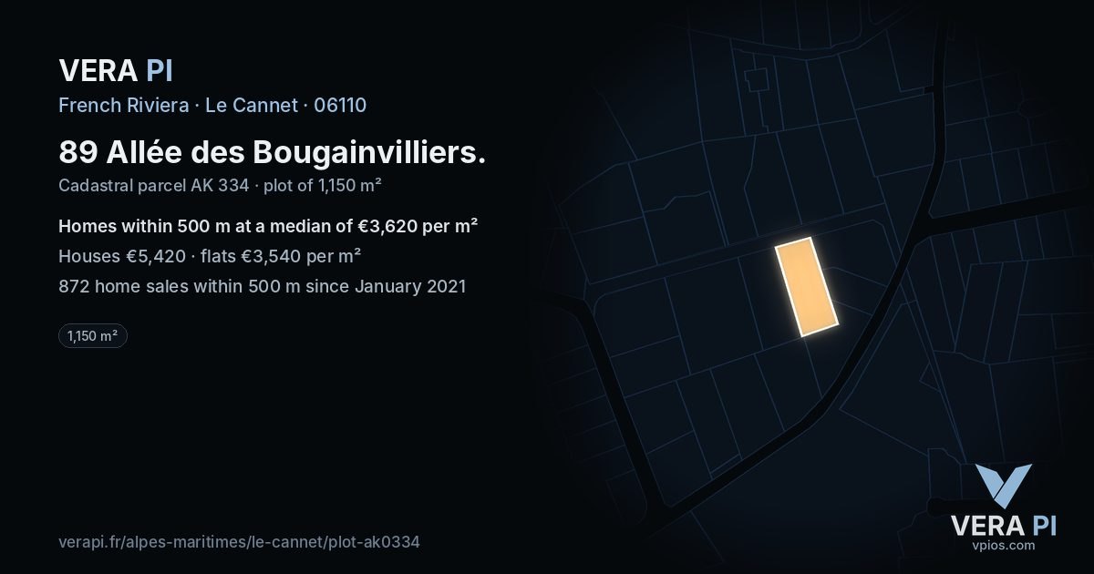89 Allée des Bougainvilliers, Le Cannet at night – the plot lit, the parcels around coloured by the prices near them