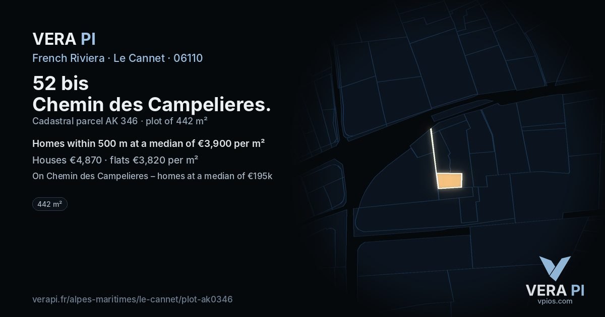 52 bis Chemin des Campelieres, Le Cannet at night – the plot lit, the parcels around coloured by the prices near them