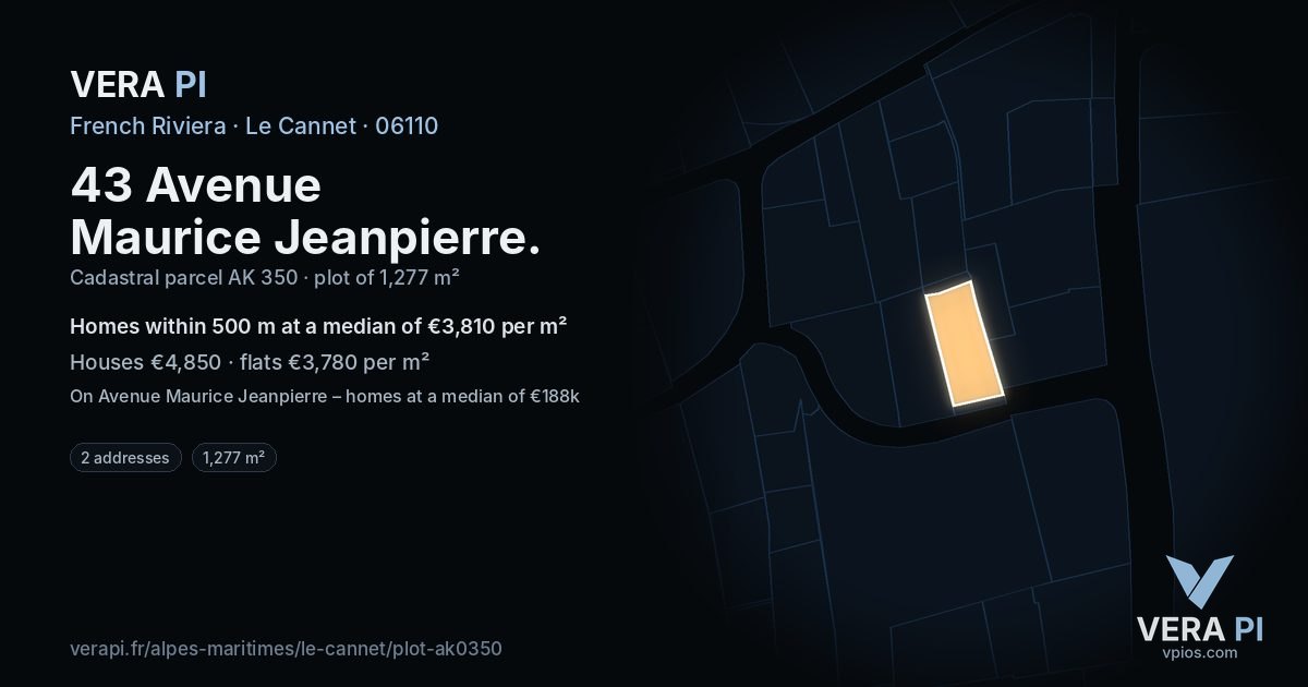 43 Avenue Maurice Jeanpierre, Le Cannet at night – the plot lit, the parcels around coloured by the prices near them