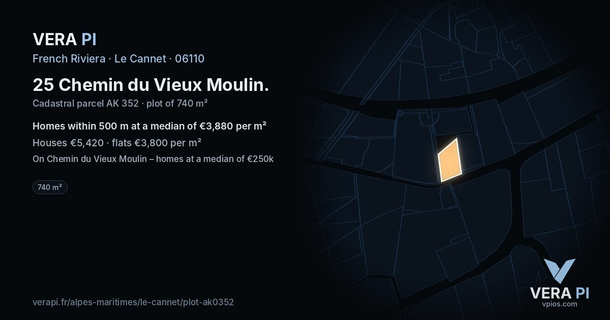 25 Chemin du Vieux Moulin, Le Cannet at night – the plot lit, the parcels around coloured by the prices near them