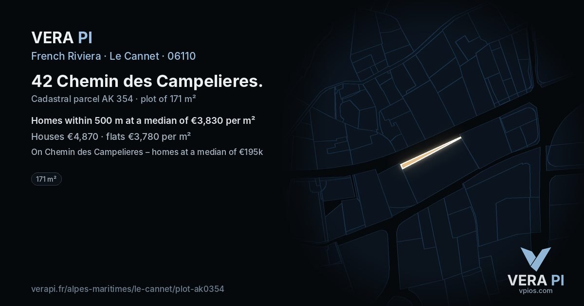42 Chemin des Campelieres, Le Cannet at night – the plot lit, the parcels around coloured by the prices near them
