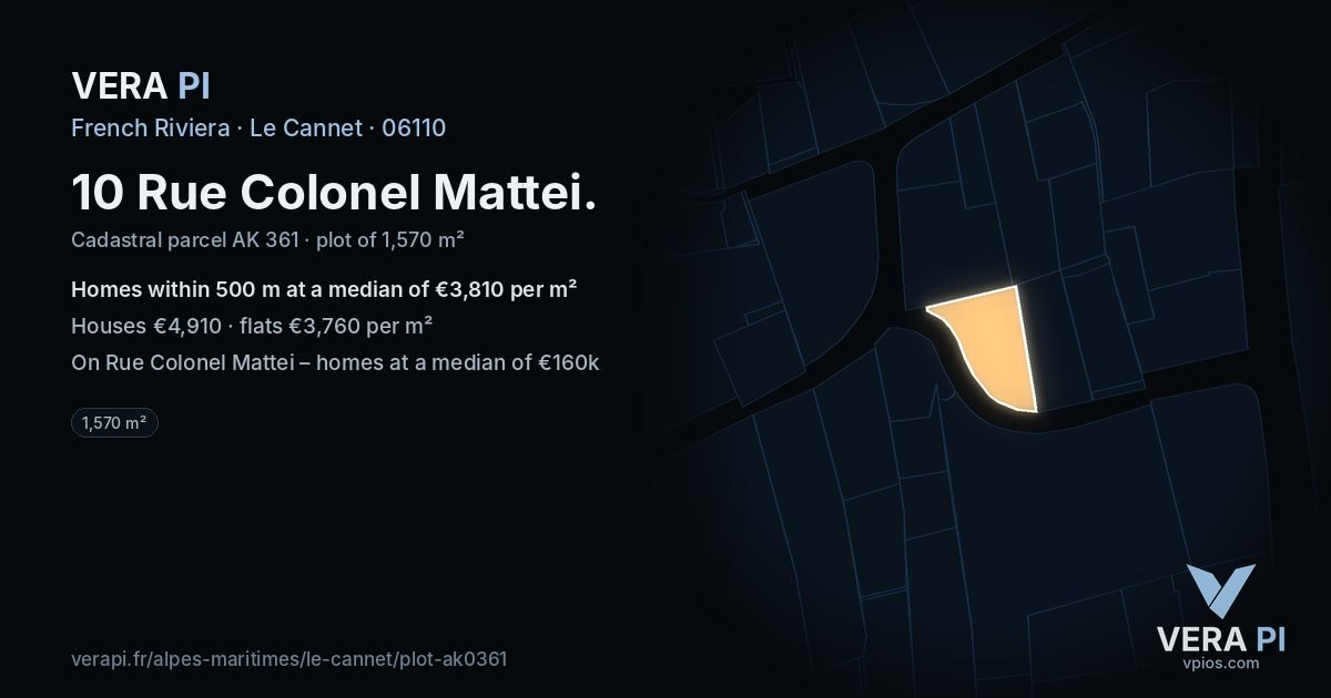 10 Rue Colonel Mattei, Le Cannet at night – the plot lit, the parcels around coloured by the prices near them